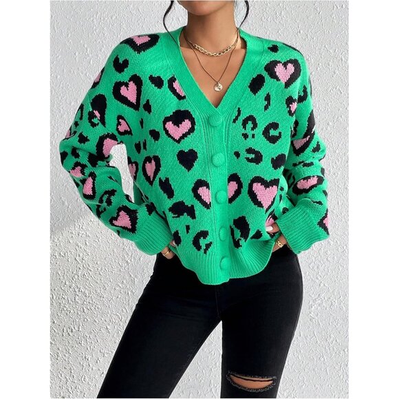 Leopard Women's Cardigan Sweater V Neck Long Sleeve Button Down Fall Wear - Picture 5 of 6